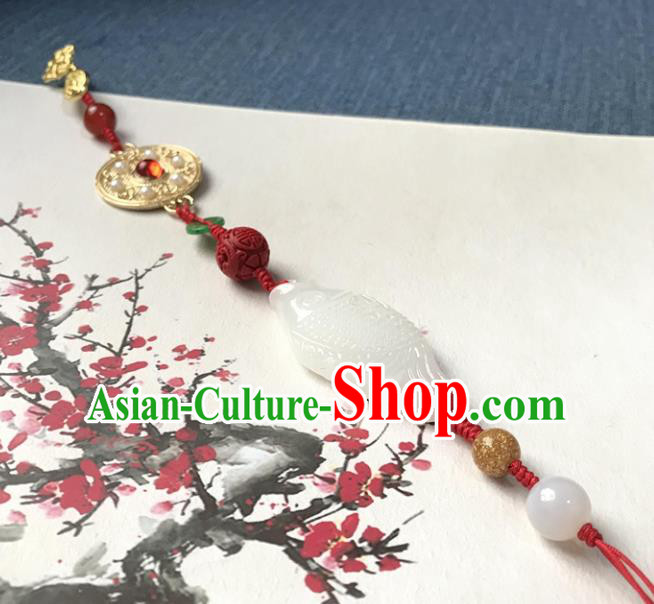 Chinese Ancient Hanfu Red Tassel Brooch Pendant White Jade Carving Fish Jewelry Golden Accessories Lappet