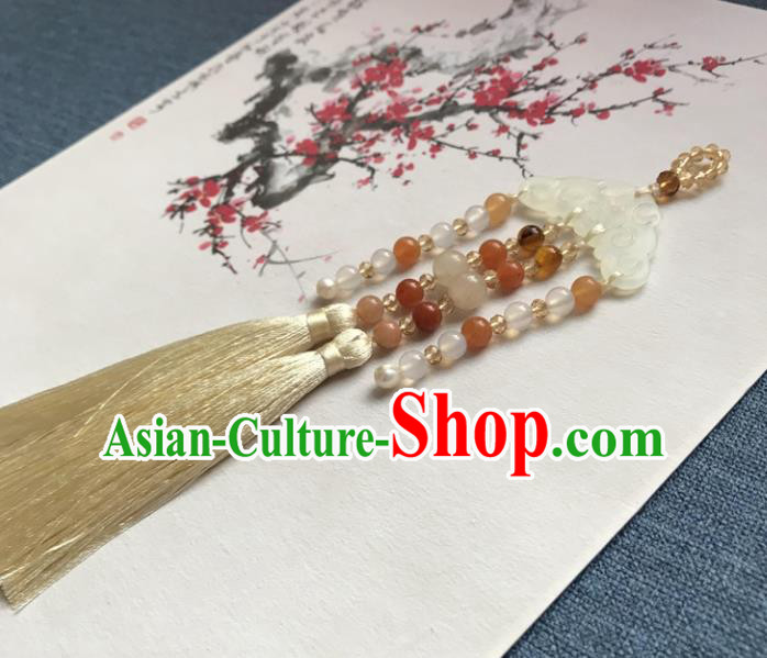 Chinese Ancient Court Hanfu Beige Tassel Brooch Pendant Jade Lappet Jewelry Accessories