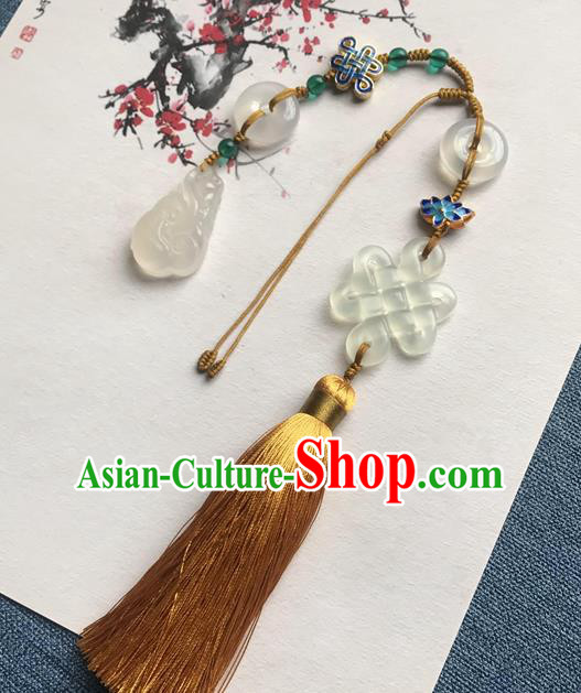 Chinese Ancient Hanfu Golden Tassel Brooch Pendant Jade Knot Jewelry Accessories Cloisonne Lappet