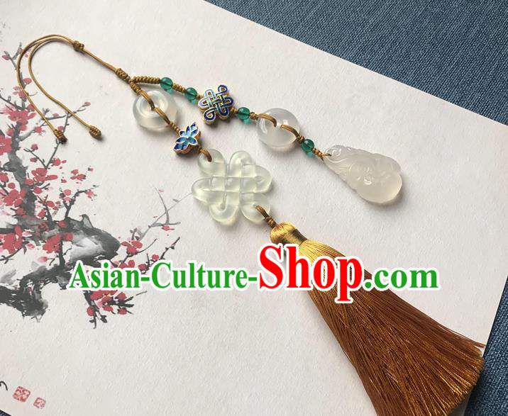 Chinese Ancient Hanfu Golden Tassel Brooch Pendant Jade Knot Jewelry Accessories Cloisonne Lappet