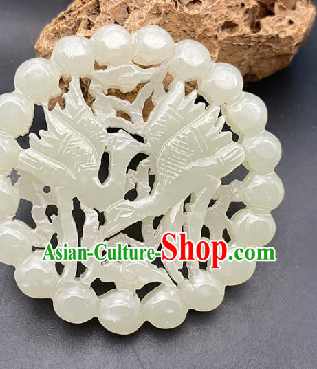 Chinese Ancient Carving Double Cranes Jade Necklace Accessories Hetian Jade Pendant Jade Label Craft