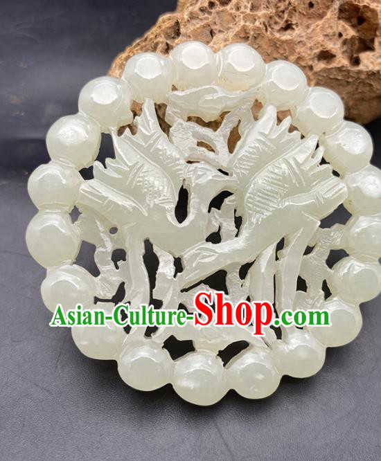 Chinese Ancient Carving Double Cranes Jade Necklace Accessories Hetian Jade Pendant Jade Label Craft
