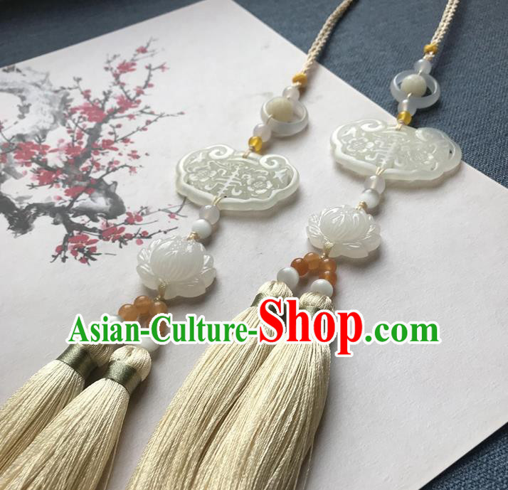 Chinese Ancient Hanfu Carving Lotus Tassel Brooch Pendant Jade Jewelry Accessories Lappet