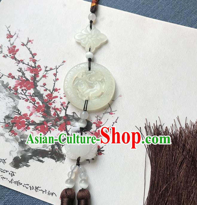 Chinese Ancient Hanfu Brown Tassel Brooch Pendant Jade Jewelry Accessories Carving Dragon Lotus Lappet