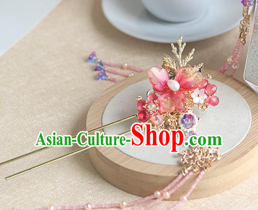 Chinese Ancient Hanfu Red Flowers Hair Accessories Women Hairpin Headwear Pink Beads Tassel Hair Clip