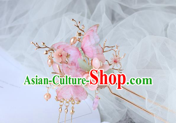 Chinese Ancient Hair Clips Hanfu Hair Accessories Women Pink Silk Butterfly Hairpin Headwear