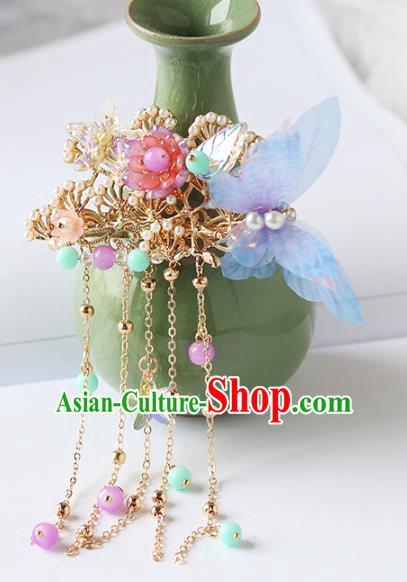 Chinese Ancient Hanfu Hair Accessories Women Blue Silk Butterfly Hair Claws Hairpin Headwear