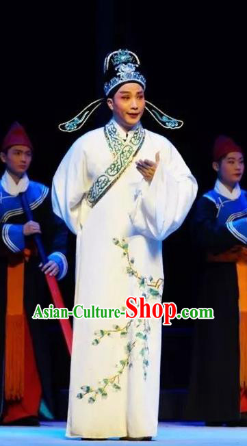 Chinese Peking Opera Xiaosheng White Robe Garment Double Pearl Phoenix Scholar Young Male Wen Bizheng Apparel Costumes and Hat