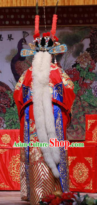 Chinese Peking Opera Old Men Red Embroidered Robe Garment the Fourth Son Visits His Mother Yang Yanhui Apparel Costumes and Hat