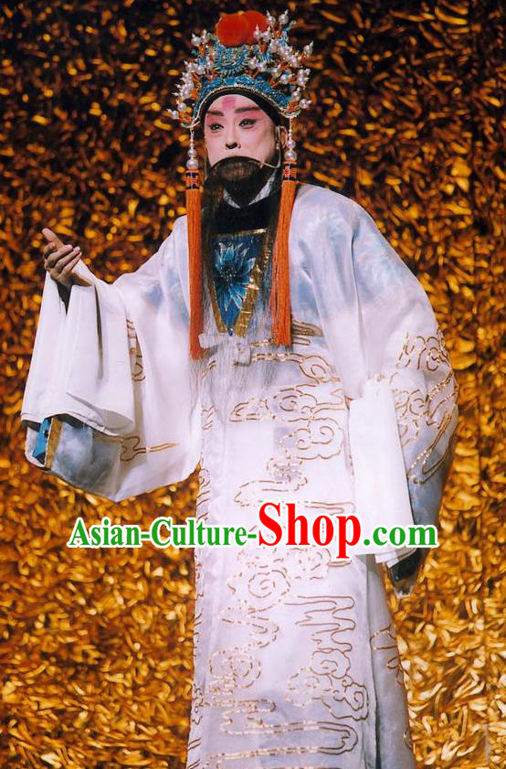 Chinese Peking Opera Old Male Apparel the Royal Consort of Tang Costumes Emperor Xuanzong White Ceremonial Robe Garment and Headwear
