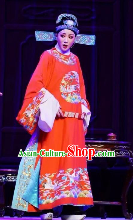 Chinese Peking Opera Niche Young Men Red Embroidered Robe Garment Double Pearl Phoenix Number One Scholar Wen Bizheng Apparel Costumes and Hat