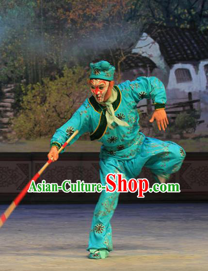 Chinese Peking Opera Wusheng Green Garment Martial Men A Monkey King Costumes Sun Wukong Takefu Apparel Suit and Hat