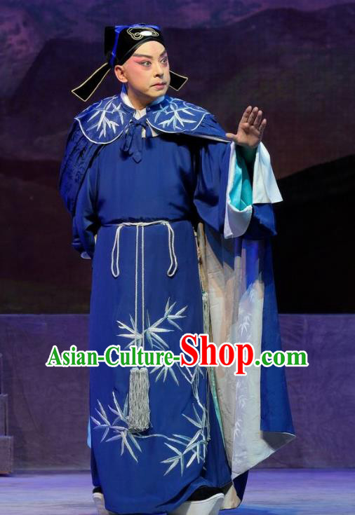 Chinese Cantonese Opera Young Men Xiaosheng Garment Princess Chang Ping Costumes Niche Zhou Shixian Blue Apparels and Hat