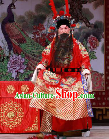 Chinese Peking Opera Old Men Red Embroidered Robe Garment the Fourth Son Visits His Mother Yang Yanhui Apparel Costumes and Hat