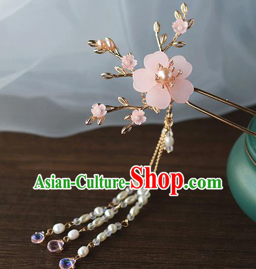 Chinese Ancient Hanfu Pearls Tassel Hair Clip Hair Accessories Women Headwear Pink Flower Hairpin
