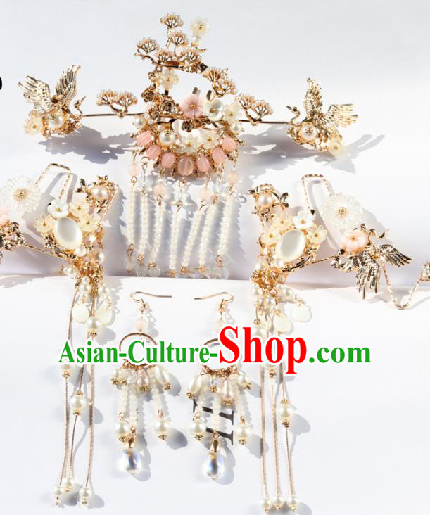 Chinese Ancient Hanfu Tassel Hair Clip Hair Accessories Women Headwear Golden Crane Hair Crown Hairpin Complete Set