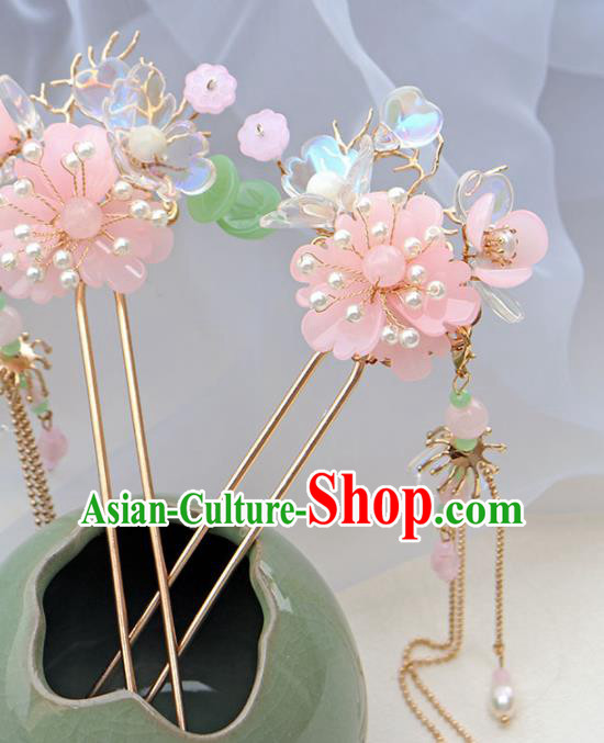 Chinese Ancient Pink Flower Hair Clip Hanfu Hair Accessories Tassel Hairpin Women Headwear