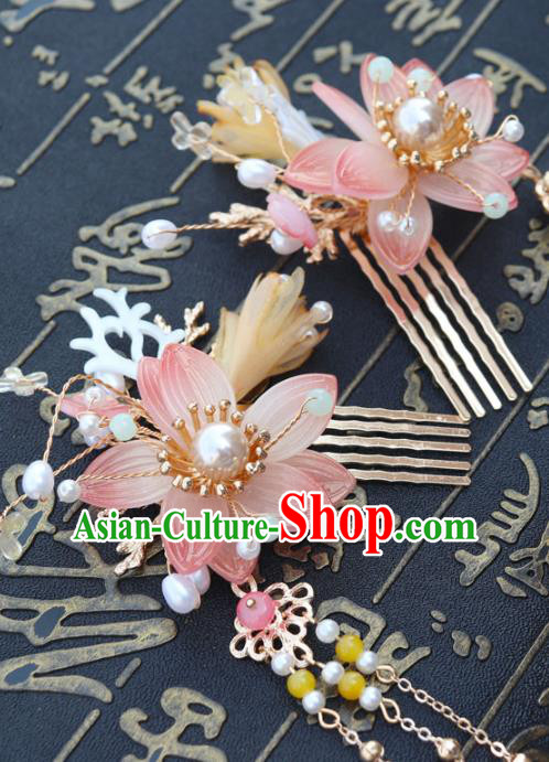 Chinese Ancient Pink Lotus Hair Combs Hanfu Hair Accessories Tassel Pearls Hairpin Women Headwear