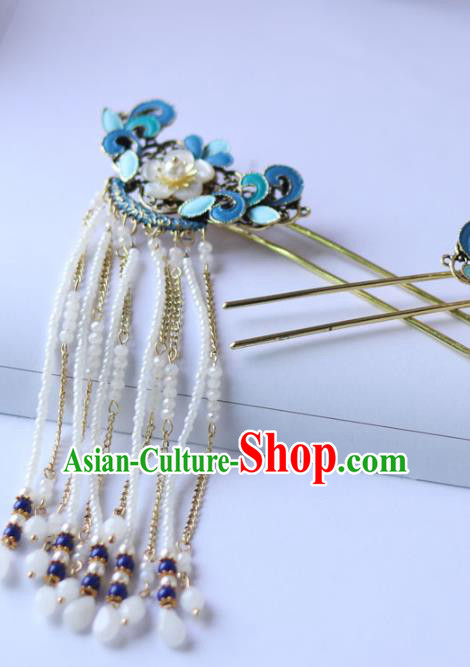Chinese Ancient Hanfu Blue Hair Clip Hair Accessories Women Headwear Court Beads Tassel Hairpins