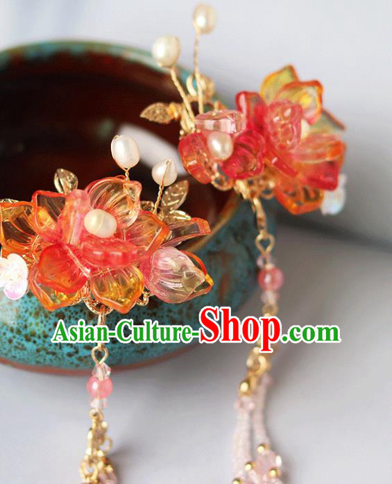 Chinese Ancient Hanfu Red Lotus Hair Claws Hair Accessories Women Headwear Tassel Hair Stick