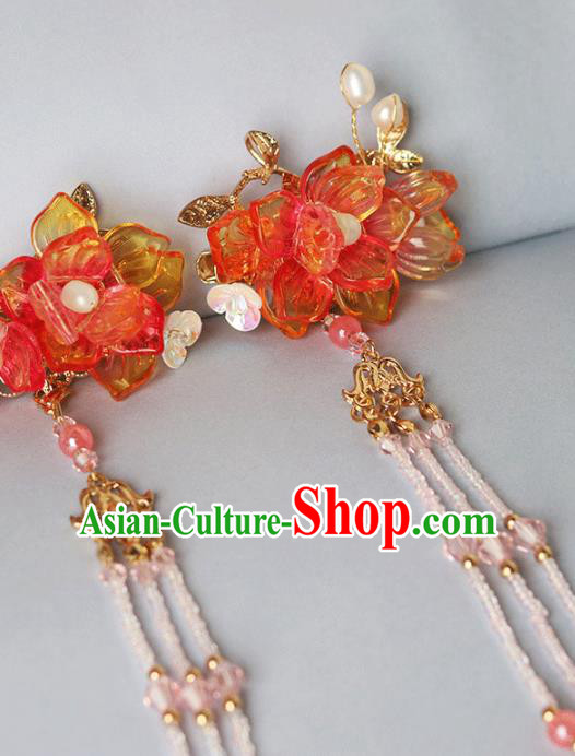 Chinese Ancient Hanfu Red Lotus Hair Claws Hair Accessories Women Headwear Tassel Hair Stick