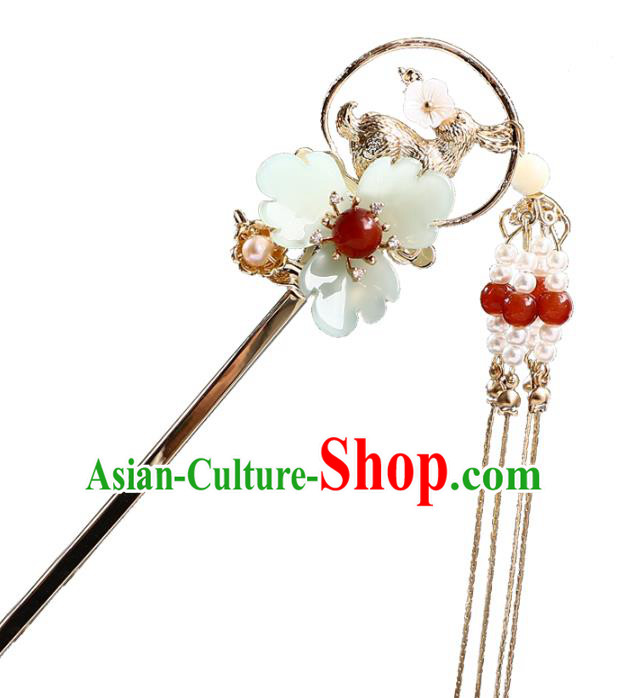 Chinese Ancient Hanfu Green Flower Hair Accessories Women Hairpin Headwear Tassel Hair Clip