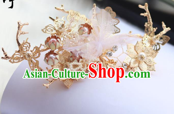 Chinese Ancient Hanfu Golden Hair Crown Hair Accessories Women Headwear Silk Flower Hairpin