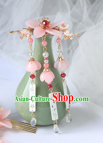 Chinese Ancient Hanfu Tassel Hair Combs Hair Accessories Women Headwear Pink Flower Hairpins
