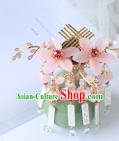 Chinese Ancient Hanfu Tassel Hair Combs Hair Accessories Women Headwear Pink Flower Hairpins