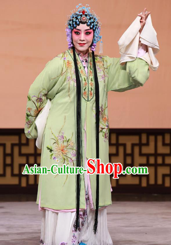 Traditional Chinese Peking Opera Young Lady Green Cape Dress Apparel The Dream in Lady Chamber Diva Costumes Garment and Headwear