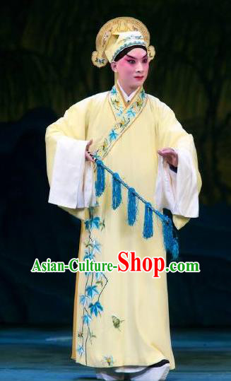 Chinese Beijing Opera Garment Butterfly Fairy Tale Apparels Xiaosheng Costumes Young Men Zhu Yingtai Yellow Robe and Hat