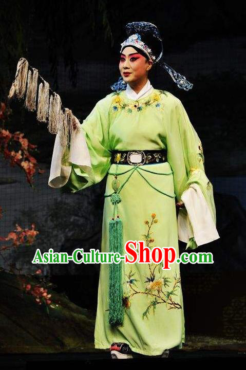 Chinese Beijing Opera Niche Xiaosheng Garment Butterfly Fairy Tale Apparels Costumes Young Men Green Robe and Hat