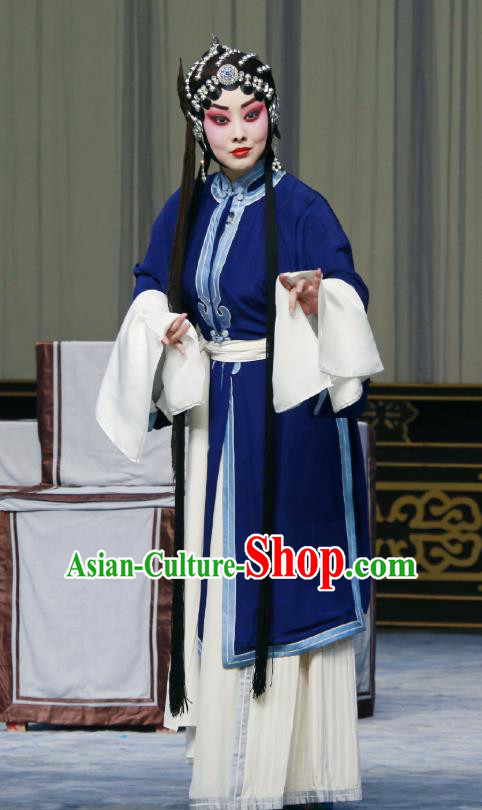 Traditional Chinese Peking Opera Tsing Yi Blue Garment Dress San Niang Jiao Zi Poor Maiden Costumes and Headwear