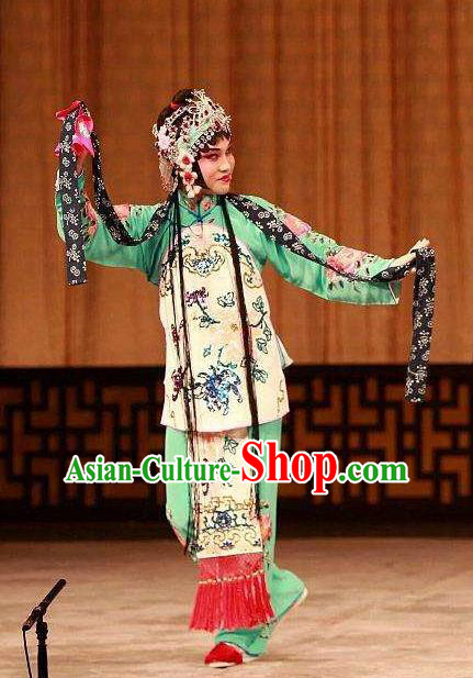 Chinese Traditional Peking Opera the Wandering Dragon Toys with the Phoenix Costumes Apparel Li Fengjie Green Garment and Headwear