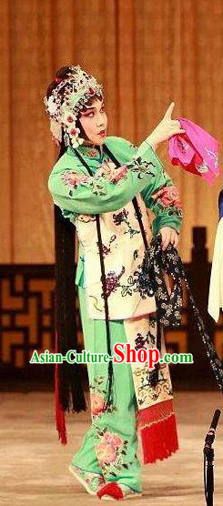 Chinese Traditional Peking Opera the Wandering Dragon Toys with the Phoenix Costumes Apparel Li Fengjie Green Garment and Headwear