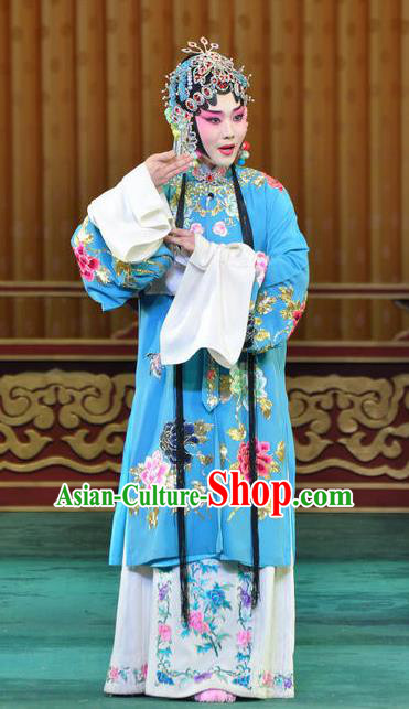 Traditional Chinese Peking Opera Female Actor Garment Dress Return of the Phoenix Hua Tan Costumes Blue Dress and Headdress