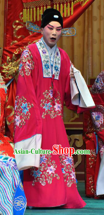 Chinese Beijing Opera Young Male Costumes Garment Peking Opera Return of the Phoenix Apparels Crown Prince Wedding Rosy Robe and Hat