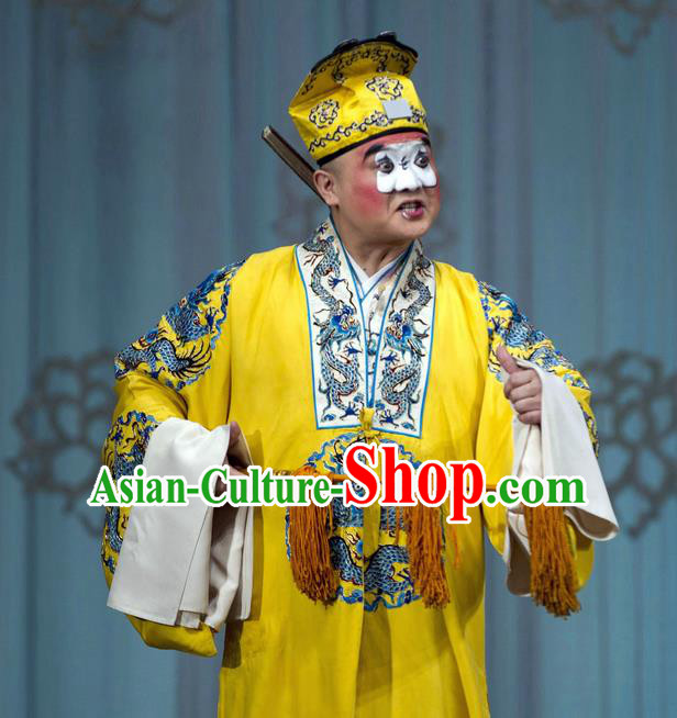 Chinese Beijing Opera Chou Role Costumes Garment Peking Opera Return of the Phoenix Apparels Clown Yellow Robe and Hat