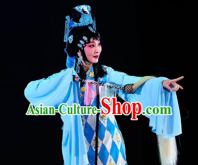 Chinese Traditional Kun Opera Taoist Nun Diva Costumes Peking Opera Jade Hairpin Apparel Hua Tan Blue Garment and Headwear