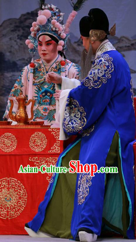 Chinese Peking Opera Costumes Garment Peking Opera Lv Bu and Diao Chan Old Men Apparels Blue Robe and Headwear