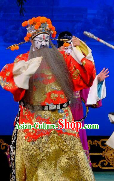 Chinese Peking Opera Dong Zhuo Official Costumes Garment Lv Bu and Diao Chan Elderly Male Apparels Red Python Embroidered Robe and Headwear