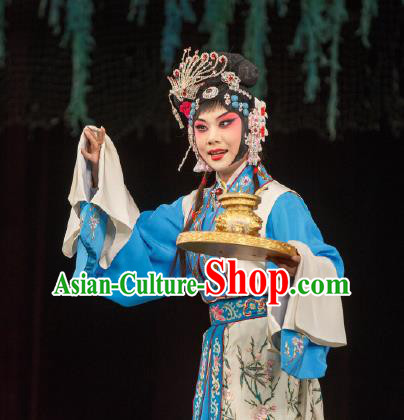 Chinese Peking Opera Hua Dan Garment Costumes Traditional Lv Bu and Diao Chan Apparels Diva Blue Dress and Headwear
