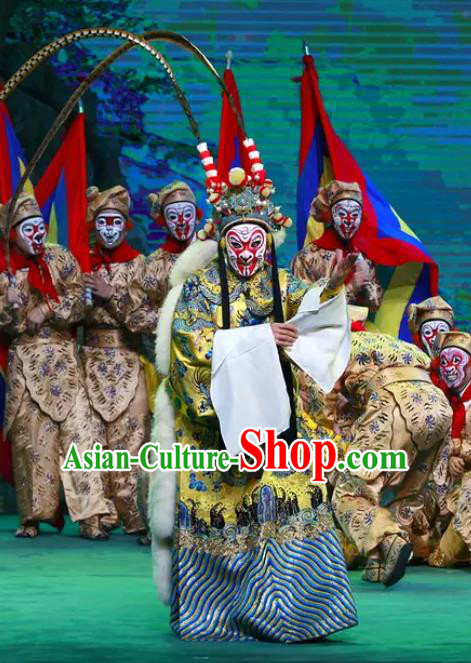 Chinese Peking Opera Havoc In Heaven Wusheng Costumes Garment Apparels Monkey King Embroidered Robe and Headwear Complete Set