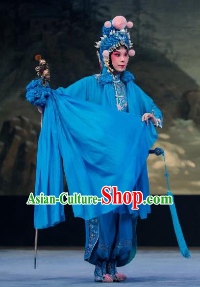 Chinese Traditional Henan Opera Martial Female Legend of the White Snake Costumes Peking Opera Apparel Wudan Blue Garment and Headwear