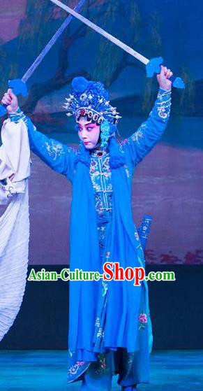 Chinese Traditional Henan Opera Martial Female Legend of the White Snake Costumes Peking Opera Apparel Wudan Blue Garment and Headwear