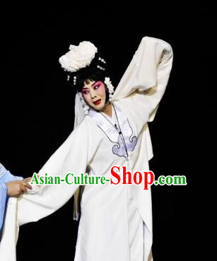 Chinese Traditional Peking Opera Diva White Dress Garment Apparel Butterfly Fairy Tale Zhu Yingtai Distress Maiden Costumes and Headwear