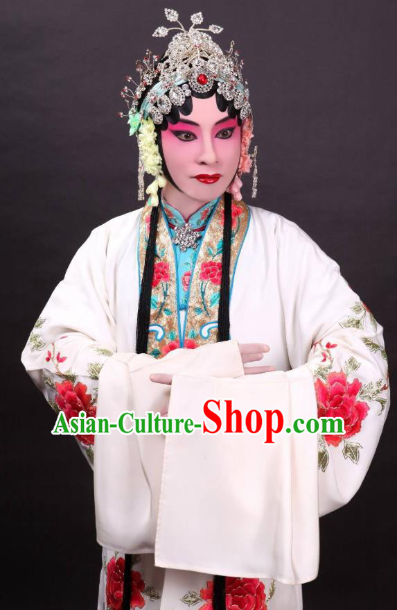 Traditional Chinese Henan Opera Legend of the White Snake Bai Suzhen Cape Costumes Peking Opera Hua Tan Apparel Garment and Headdress