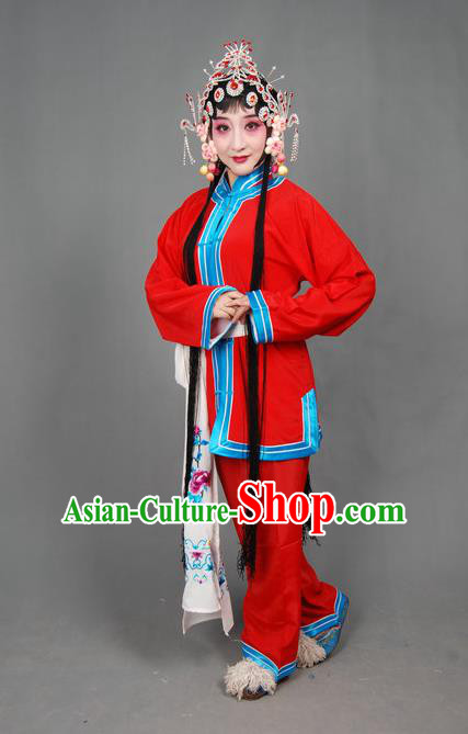 Traditional Chinese Peking Opera Susan Left Hongtong County Young Lady Costumes Apparel Xiaodan Red Garment and Headwear