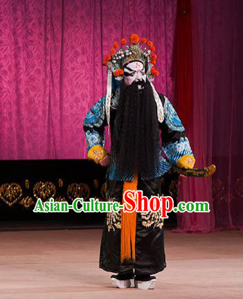 Chinese Beijing Opera Martial Male Garment Peking Opera Judge Bao and the Qin Xianglian Case Takefu Apparels Wusheng Costumes and Headwear