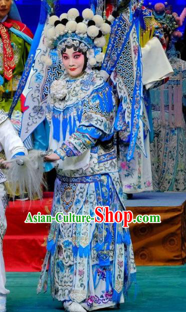 Chinese Traditional Peking Opera Garment Costumes Yangmen Female General General Kao Armor Suit with Flags Apparels and Headwear
